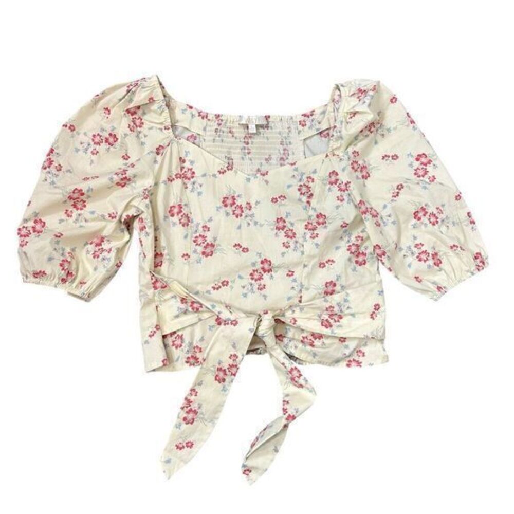 WAYF Puff Sleeve Crop Top Large Cream Red Floral Smocked Ruffle Blouse Boho